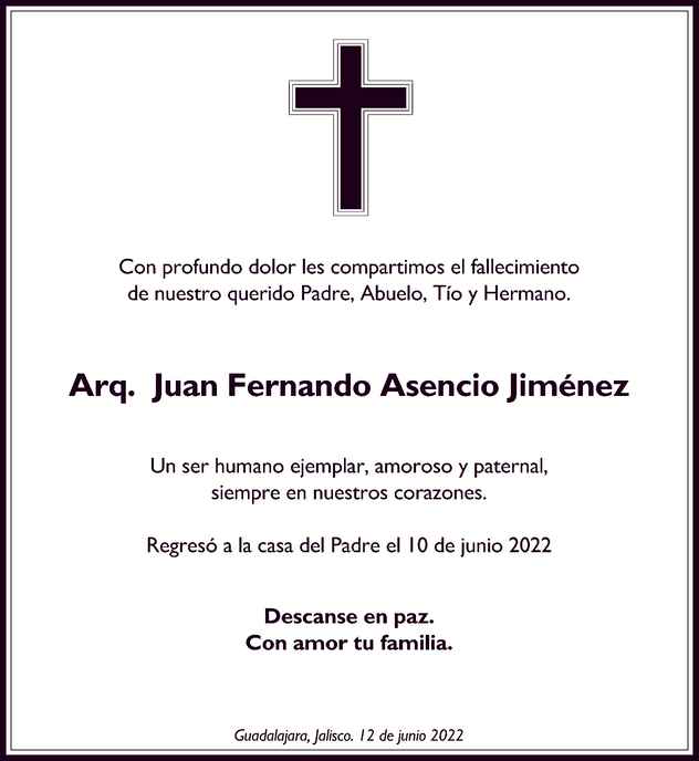 Juan Fernando Asencio Jiménez Obituario Esquela