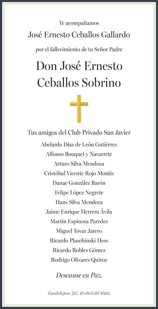 José Ernesto Ceballos Sobrino Obituario Esquela