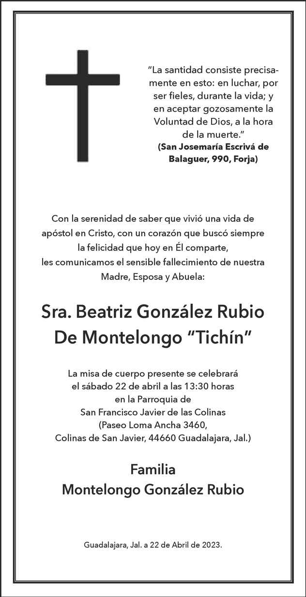 Beatriz Gonz Lez Rubio Navarro De Montelongo Obituario Esquela